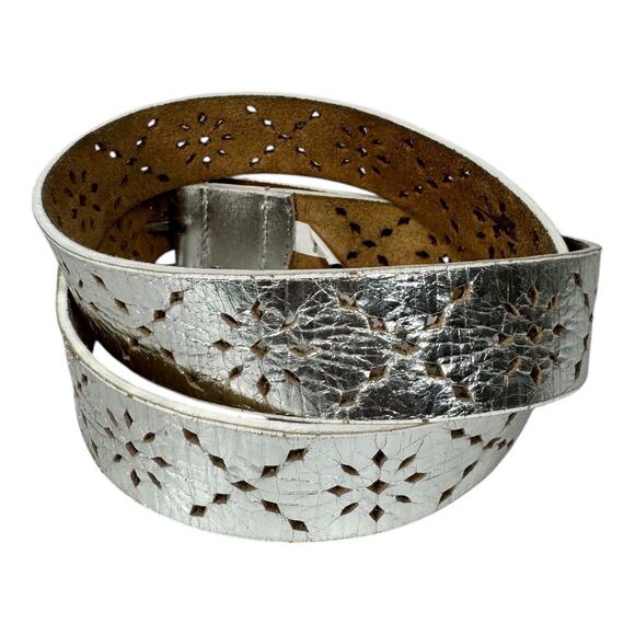 Floral Laser Cut Silver Metallic Leather Belt One Size Distressed Boho Western - Picture 2 of 6